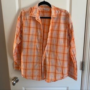 Woolrich Orange & White Striped Plaid Button Up Long Sleeve Shirt